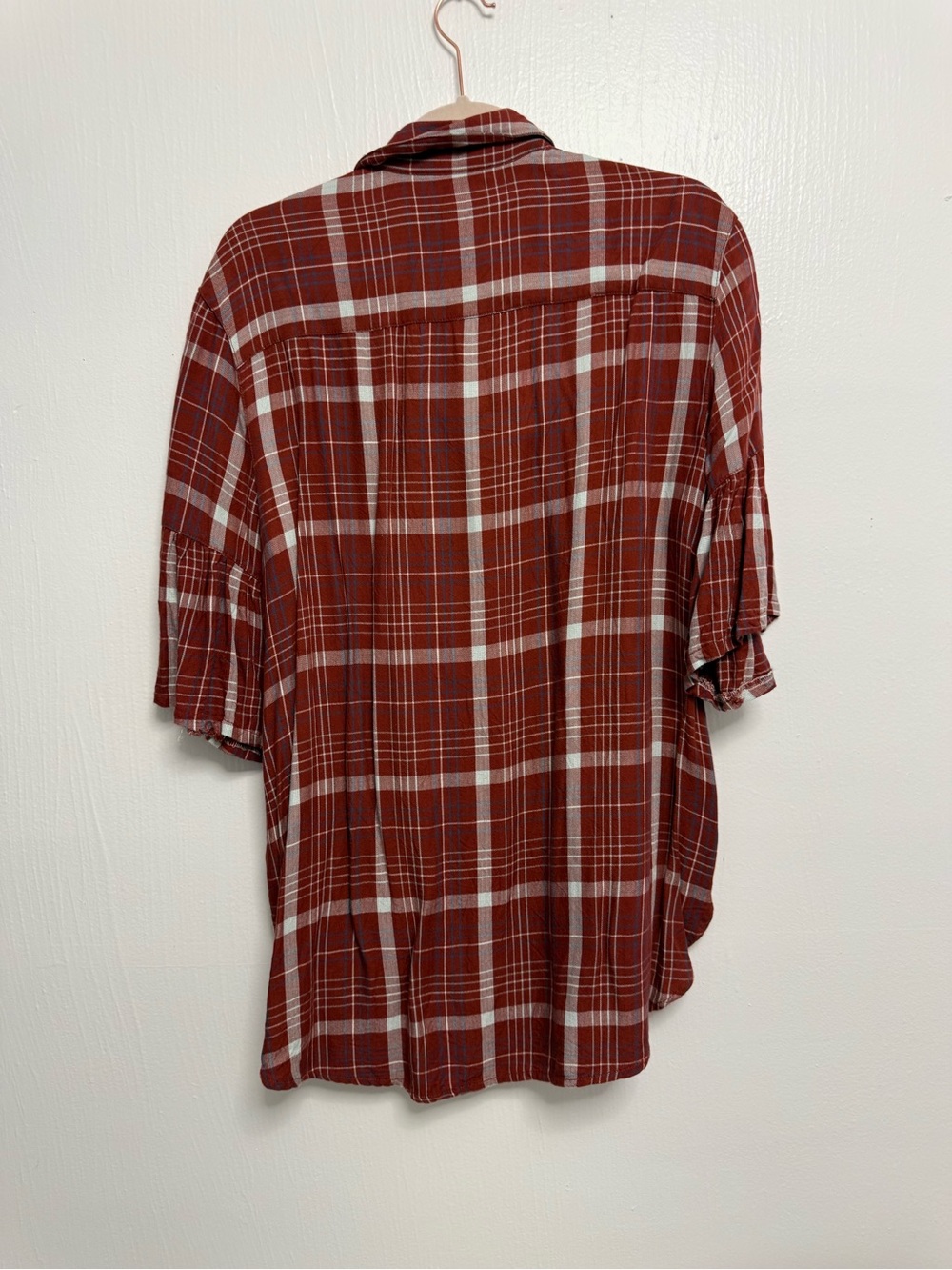 Plaid Ruffle Sleeve Button-Up Blouse – Rust / Blue / White - Picture 3 of 8